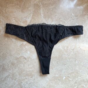 Black Silver Glitter Sparkle Lace Sheer Mesh Thong Panty Large NWOT